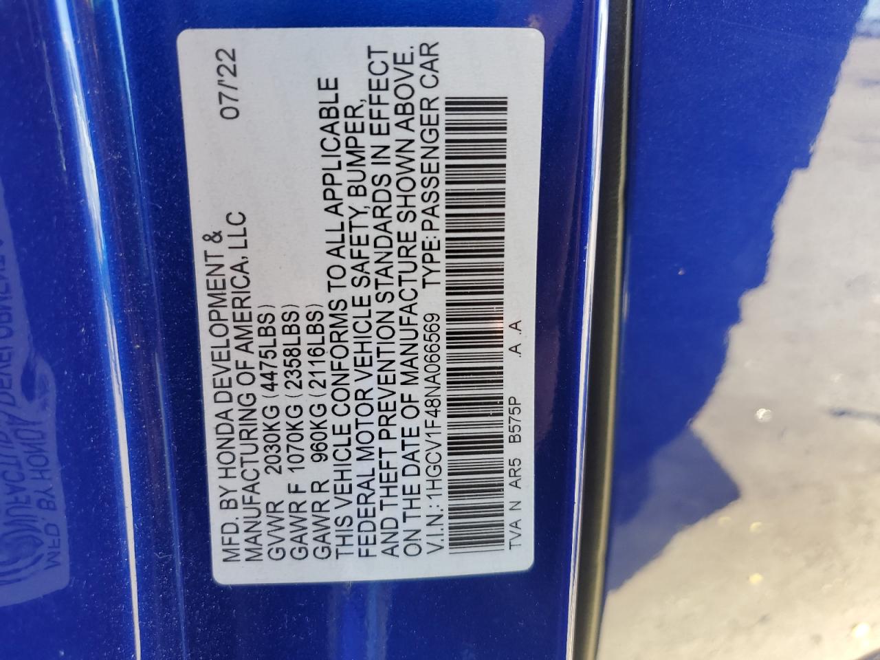 2022 HONDA ACCORD SPORT SE VIN:1HGCV1F48NA066569