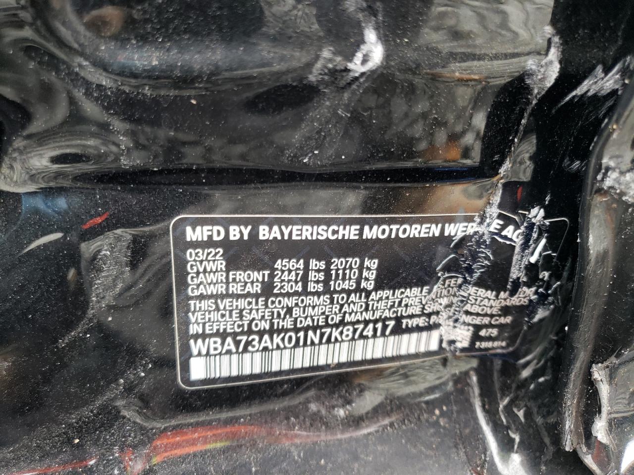 2022 BMW 228XI VIN:WBA73AK01N7K87417