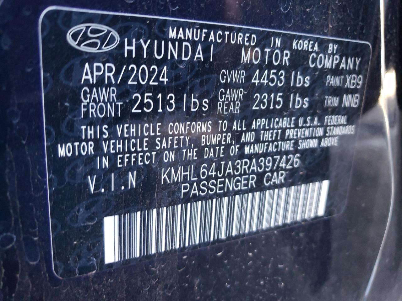 2024 HYUNDAI SONATA SEL VIN:KMHL64JA3RA397426
