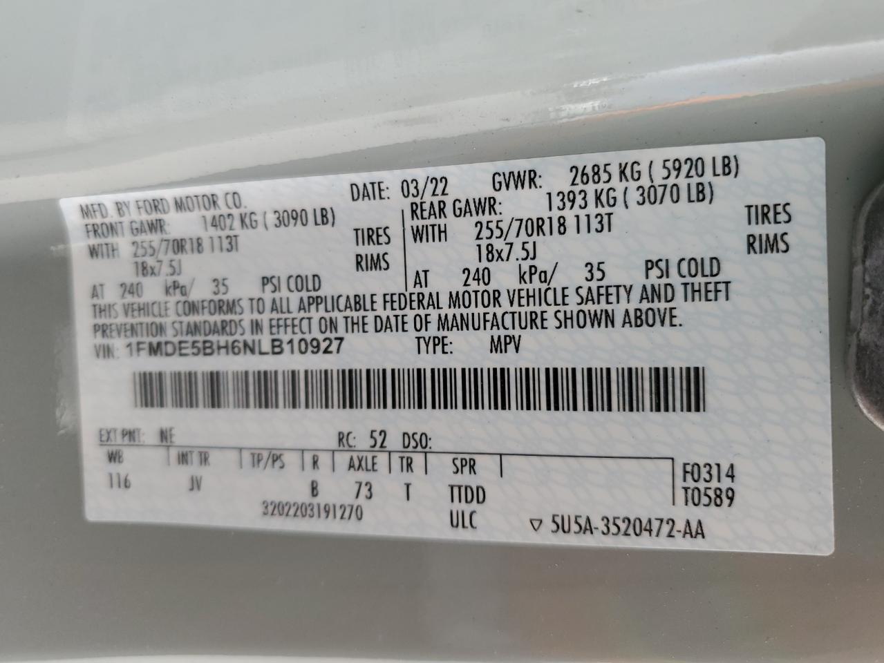 2022 FORD BRONCO BASE VIN:1FMDE5BH6NLB10927