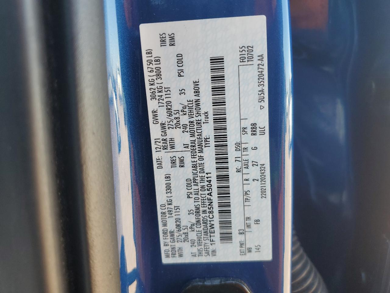 2022 FORD F150 SUPERCREW VIN:1FTEW1C85NFA50411