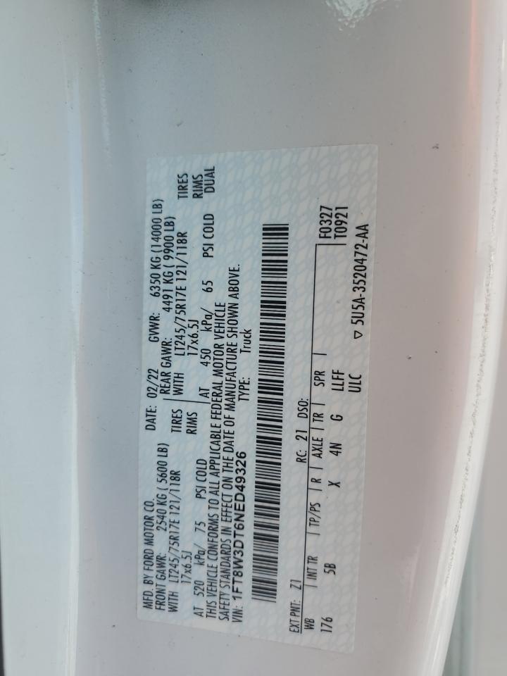 2022 FORD F350 SUPER DUTY VIN:1FT8W3DT6NED49326