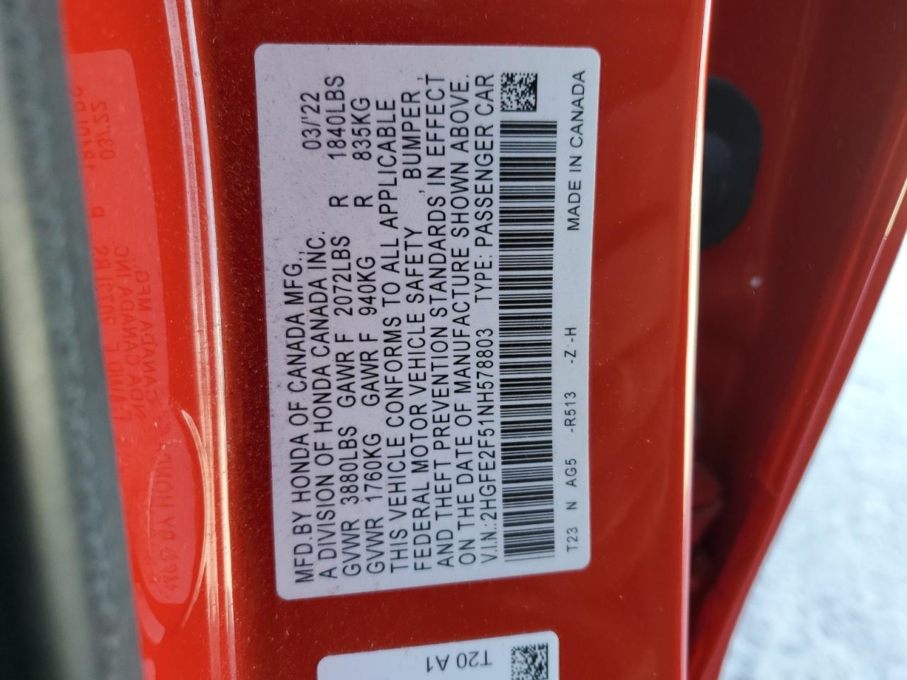 2022 HONDA CIVIC SPORT VIN:2HGFE2F51NH578803