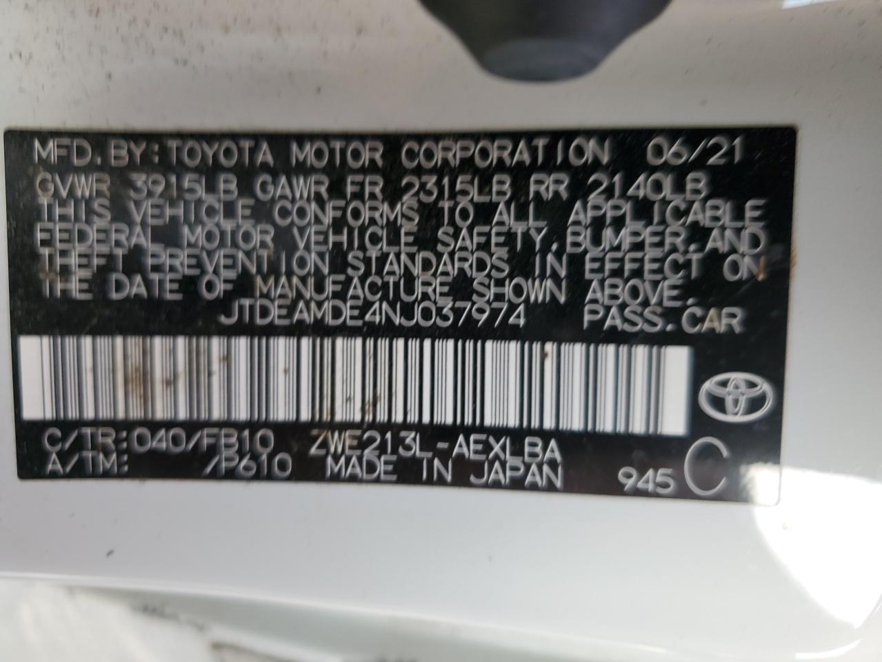 2022 TOYOTA COROLLA LE VIN:JTDEAMDE4NJ037974