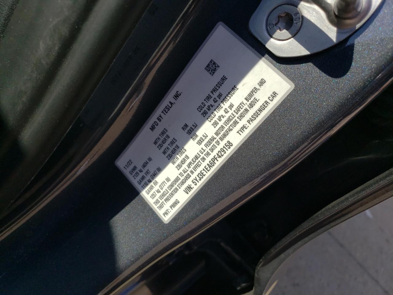 2023 TESLA MODEL 3 VIN:5YJ3E1EA6PF429158