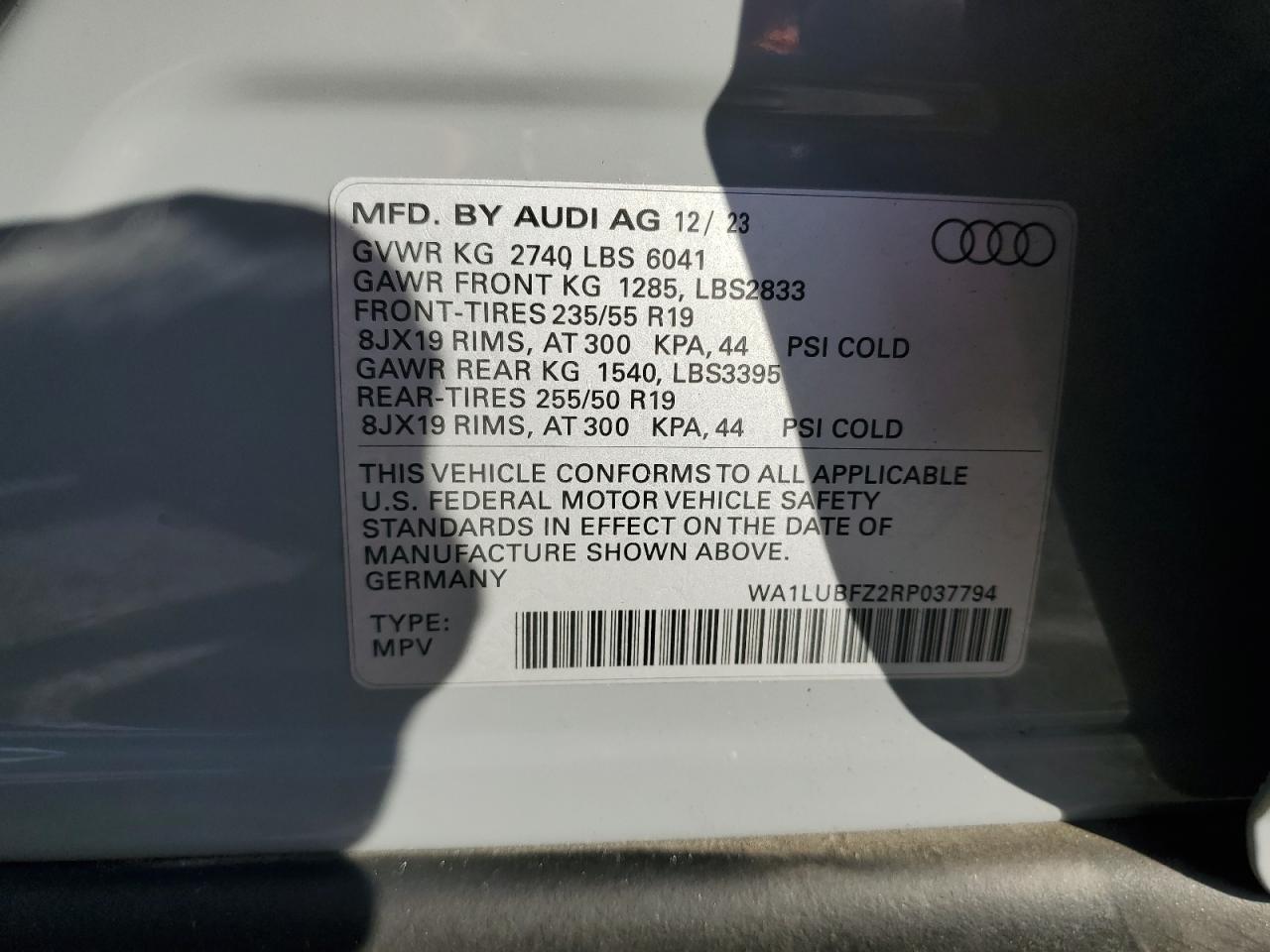 2024 AUDI Q4 E-TRON PREMIUM PLUS VIN:WA1LUBFZ2RP037794