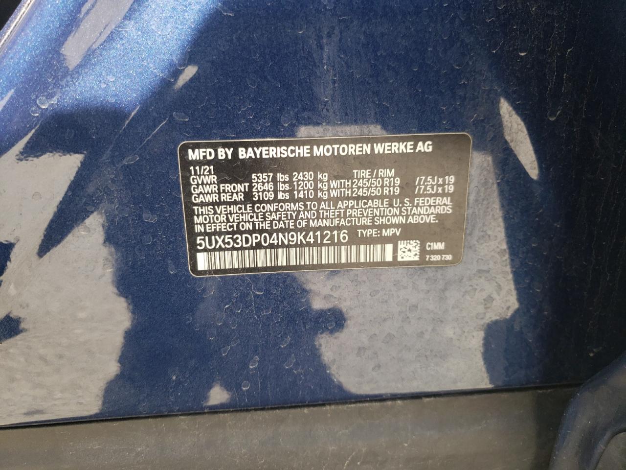 2022 BMW X3 XDRIVE30I VIN:5UX53DP04N9K41216