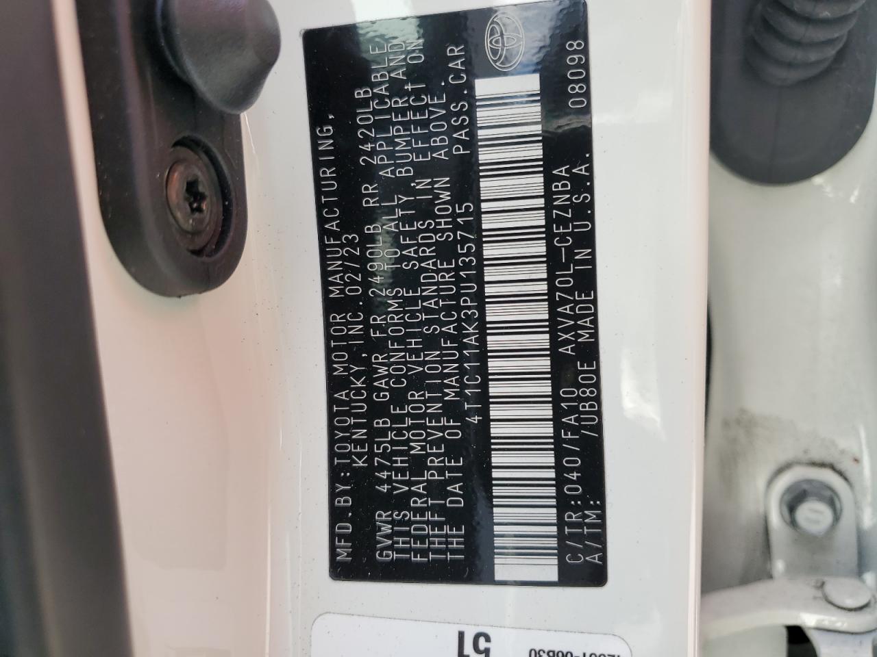 2023 TOYOTA CAMRY LE VIN:4T1C11AK3PU135715