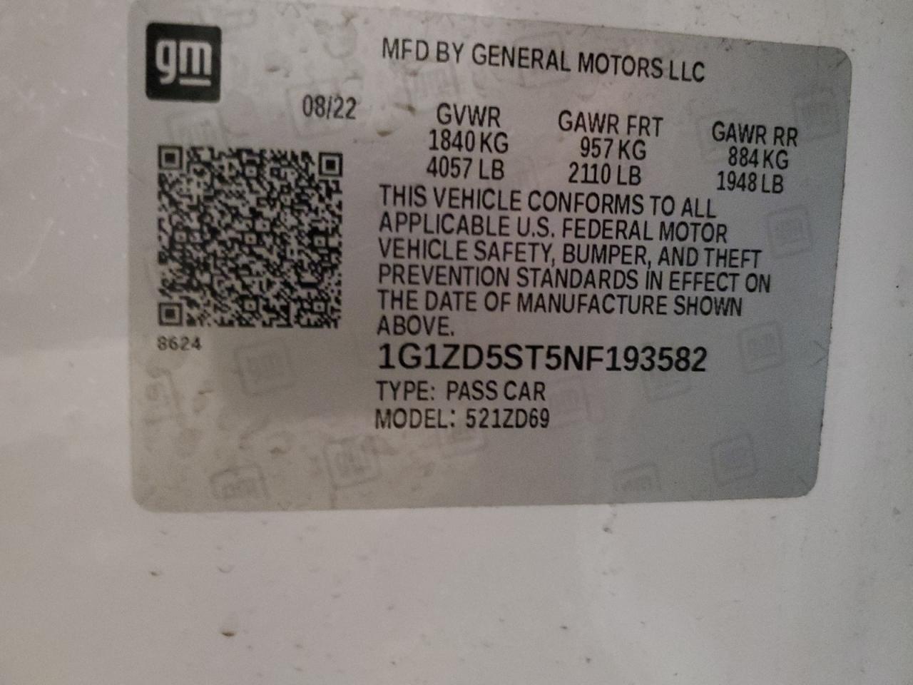 2022 CHEVROLET MALIBU LT VIN:1G1ZD5ST5NF193582