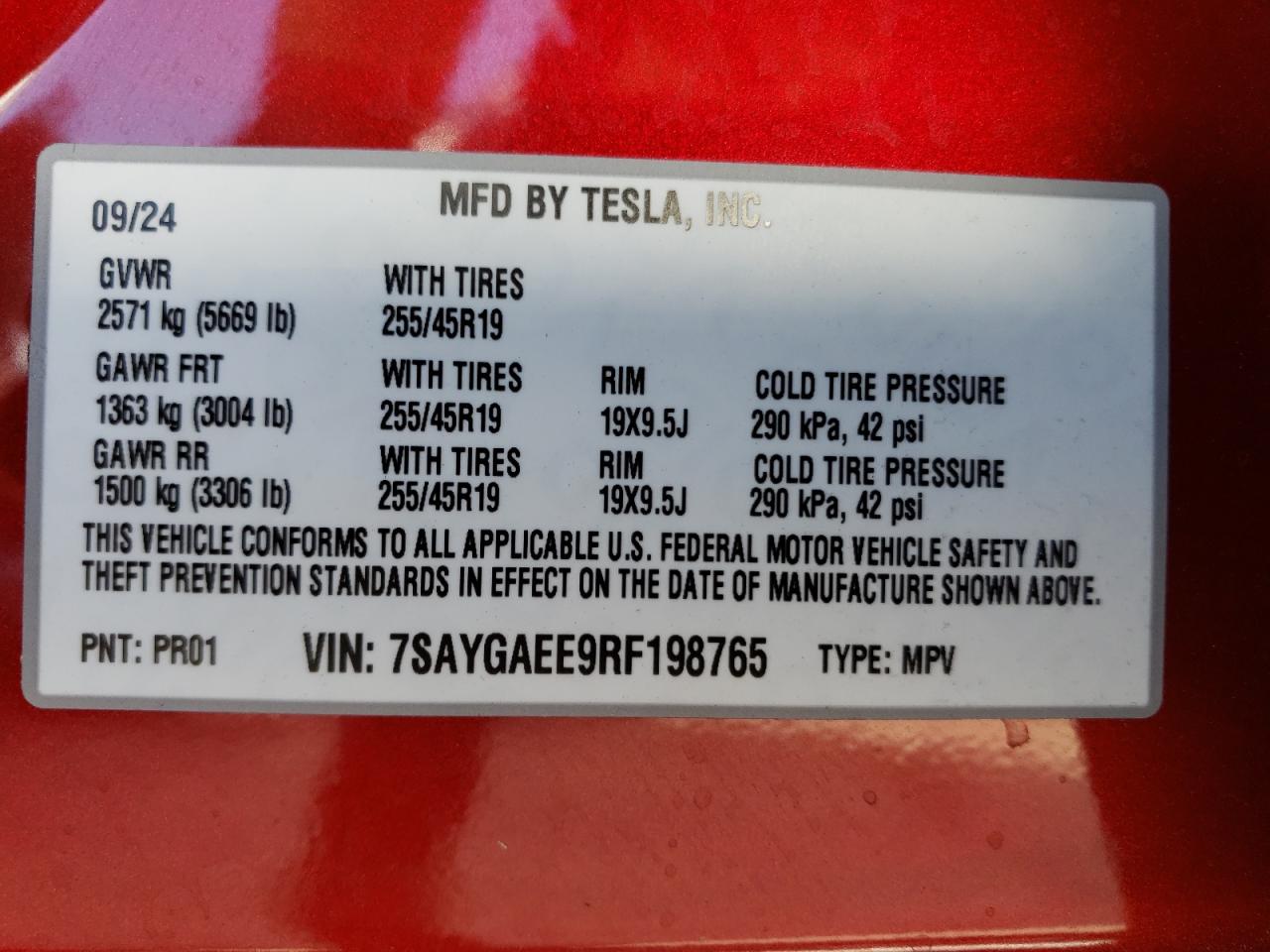 2024 TESLA MODEL Y VIN:7SAYGAEE9RF198765