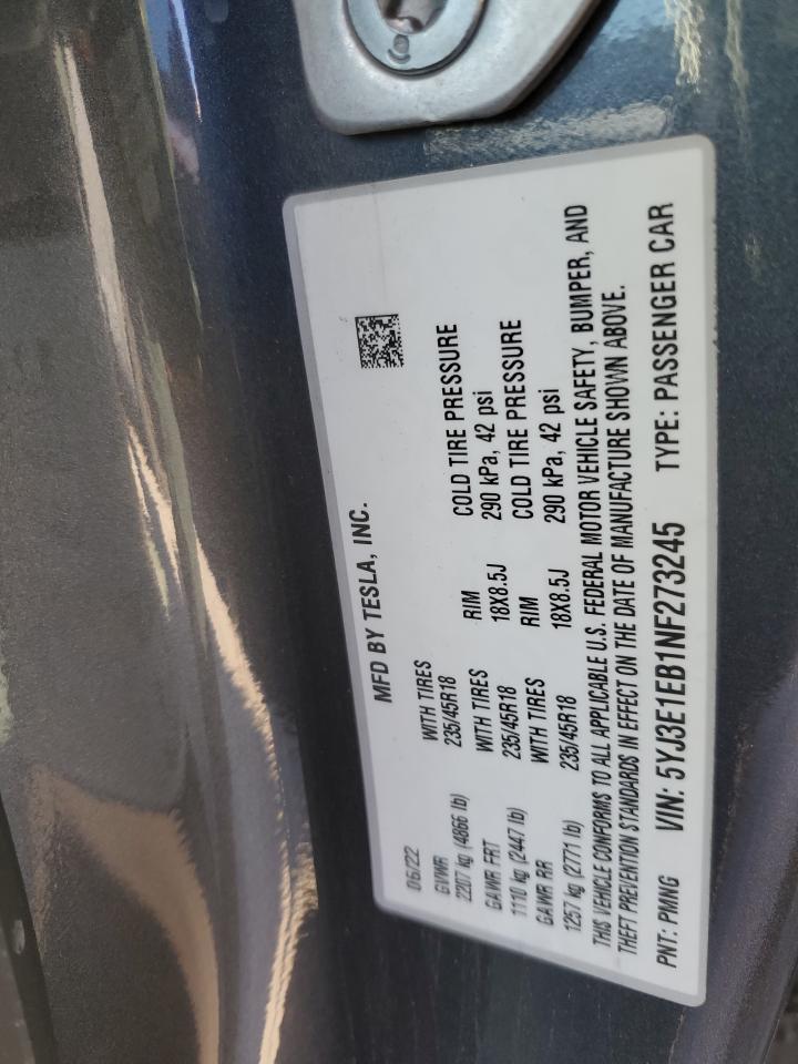 2022 TESLA MODEL 3 VIN:5YJ3E1EB1NF273245