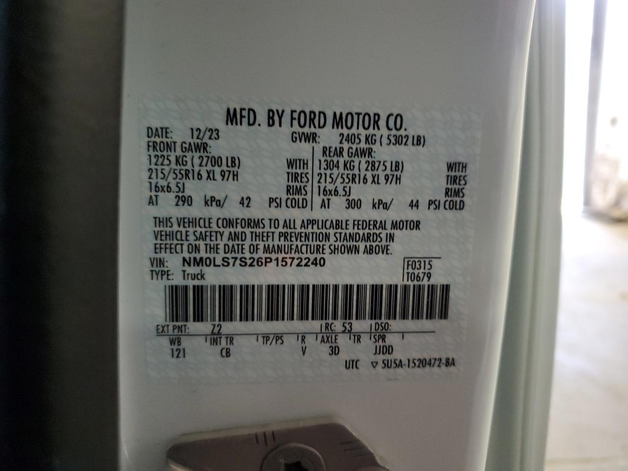 2023 FORD TRANSIT CONNECT XL VIN:NM0LS7S26P1572240