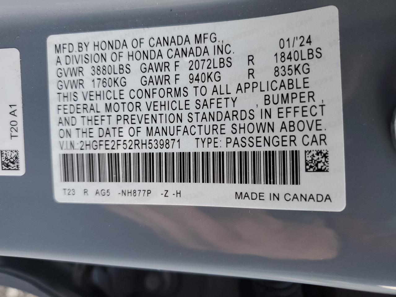 2024 HONDA CIVIC SPORT VIN:2HGFE2F52RH539871