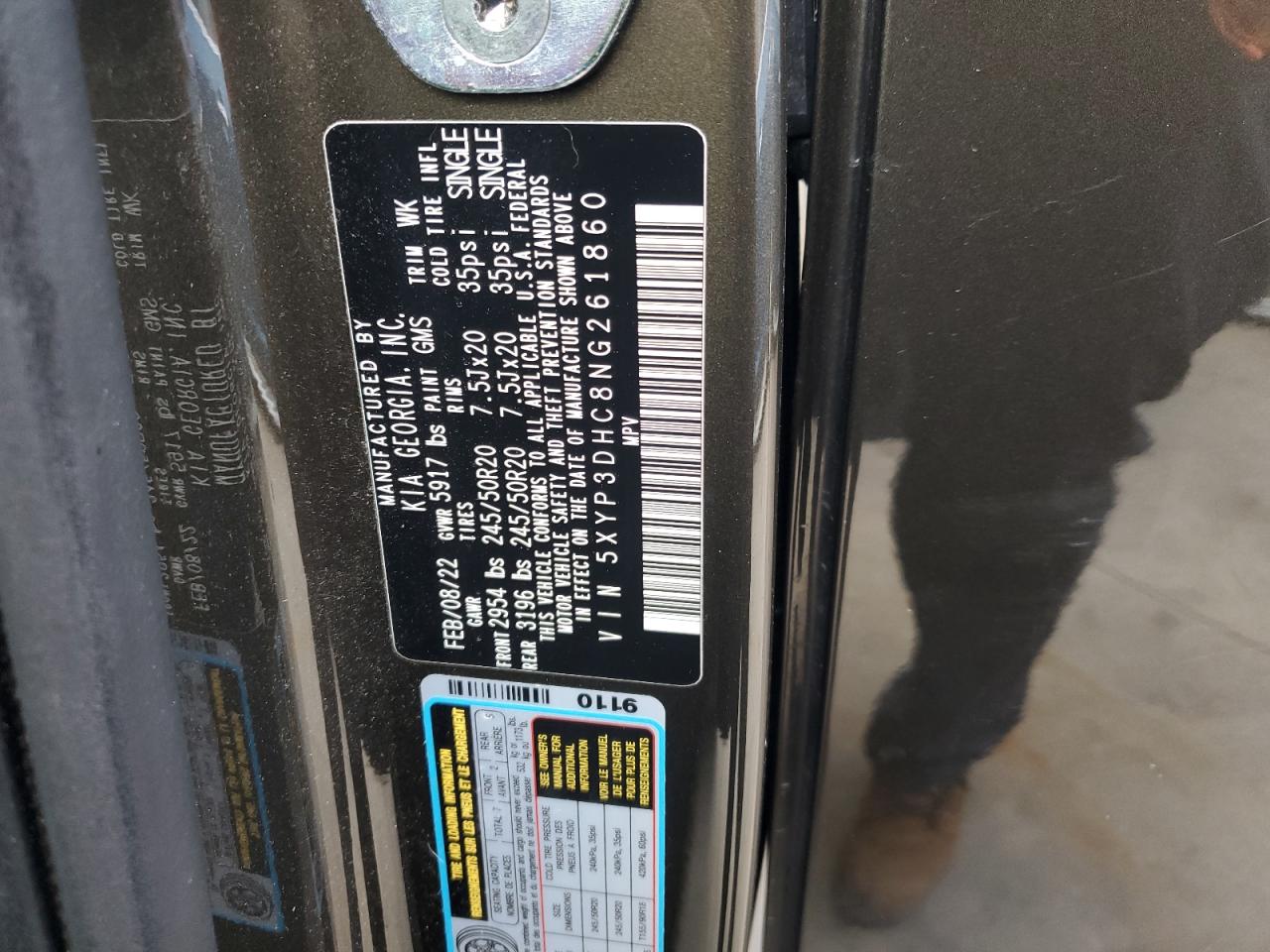 2022 KIA TELLURIDE EX VIN:5XYP3DHC8NG261860