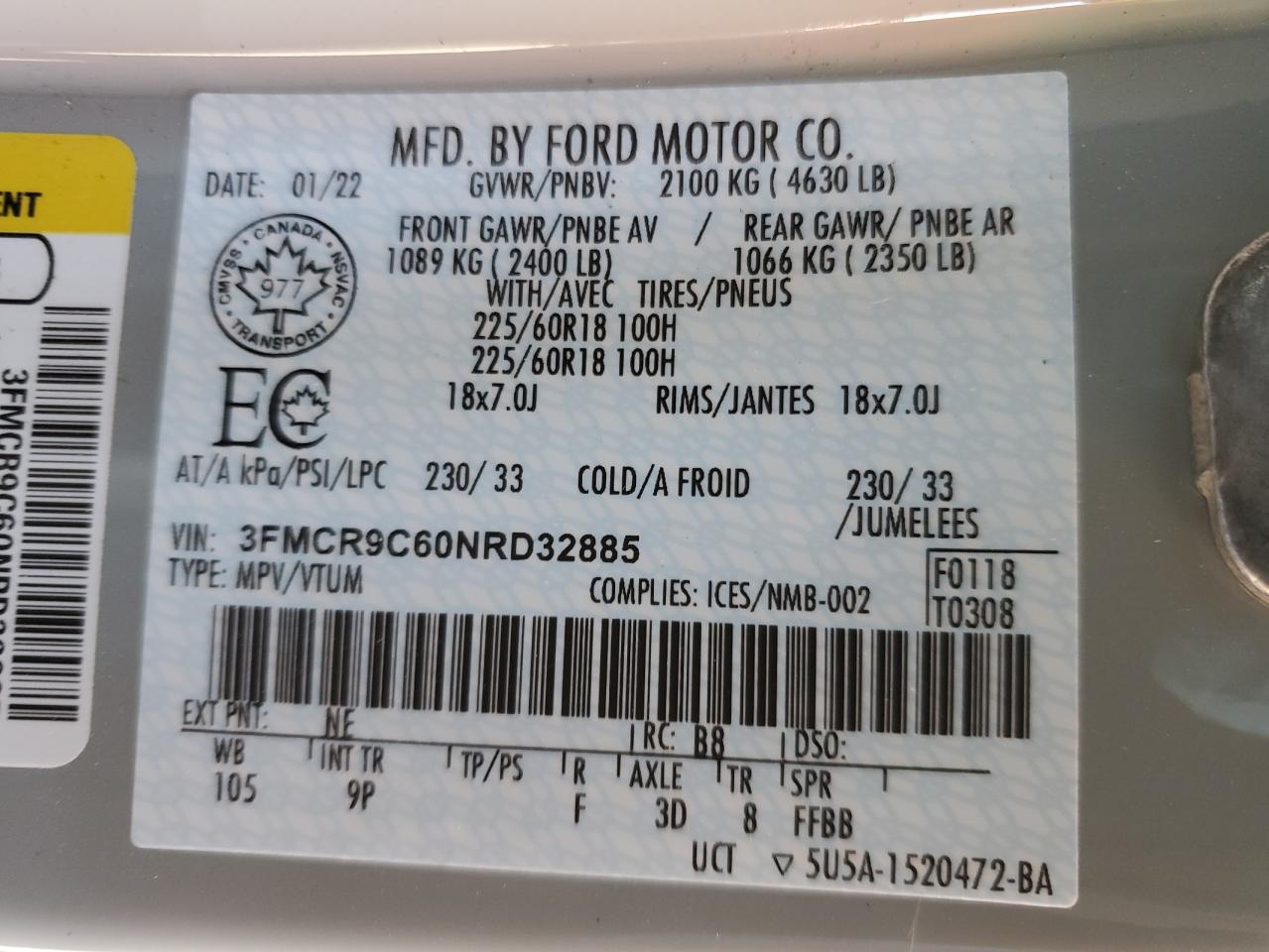2022 FORD BRONCO SPORT OUTER BANKS VIN:3FMCR9C60NRD32885