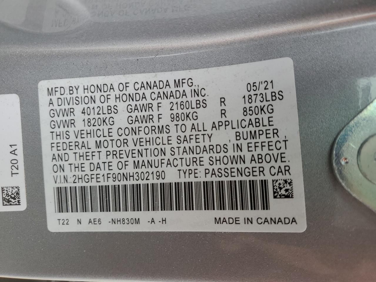 2022 HONDA CIVIC TOURING VIN:2HGFE1F90NH302190