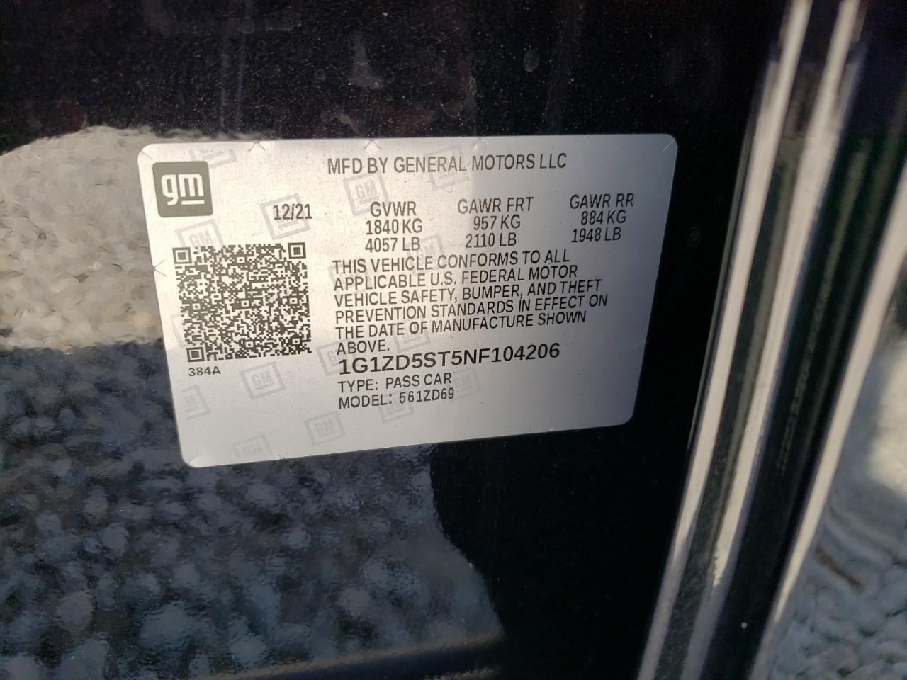 2022 CHEVROLET MALIBU LT VIN:1G1ZD5ST5NF104206