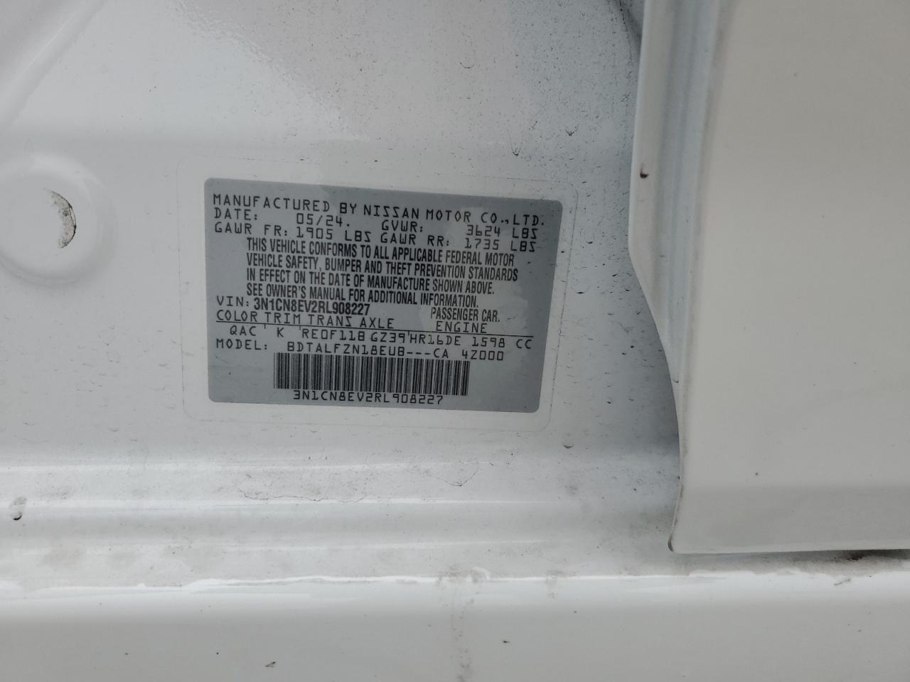 2024 NISSAN VERSA SV VIN:3N1CN8EV2RL908227