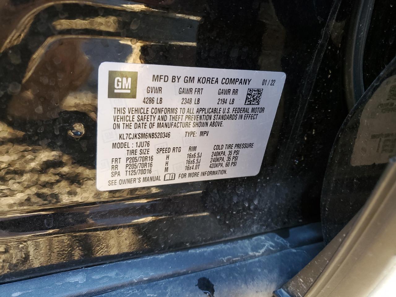 2022 CHEVROLET TRAX LS VIN:KL7CJKSM6NB520346