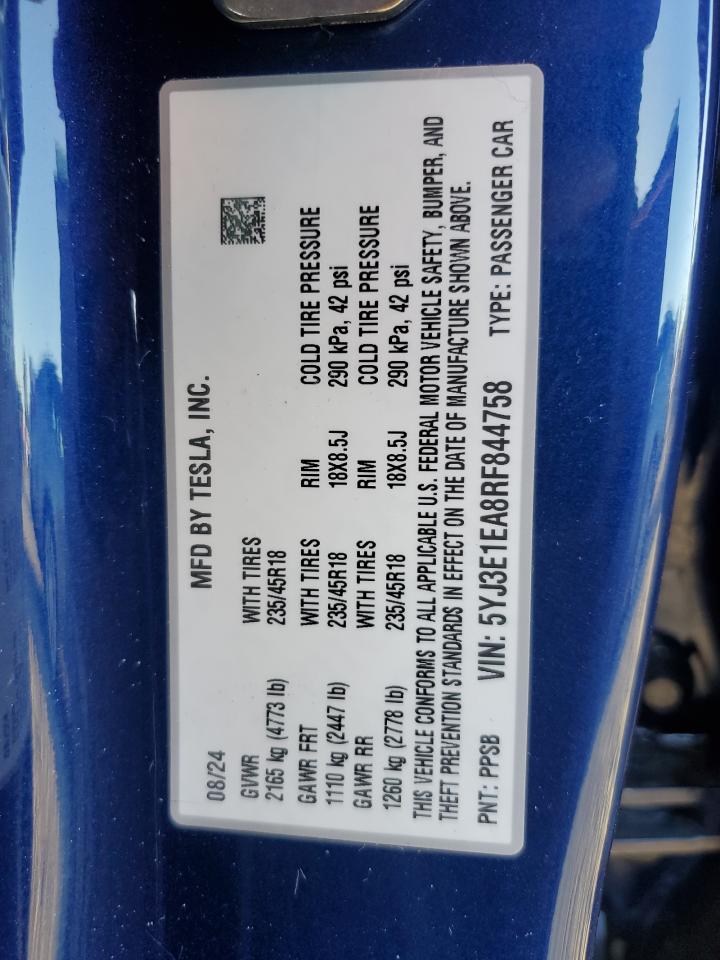 2024 TESLA MODEL 3 VIN:5YJ3E1EA8RF844758