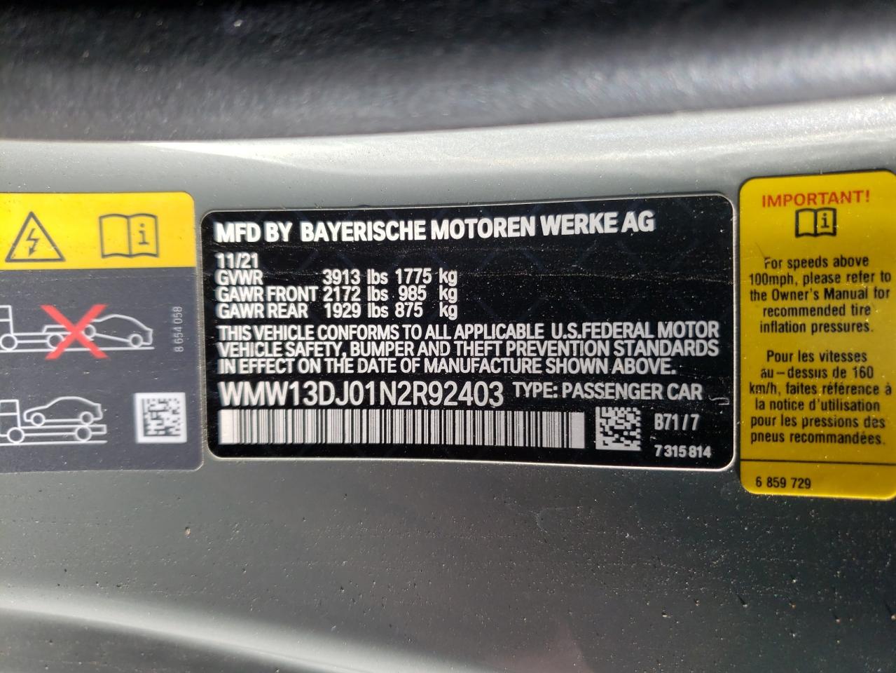 2022 MINI COOPER SE VIN:WMW13DJ01N2R92403