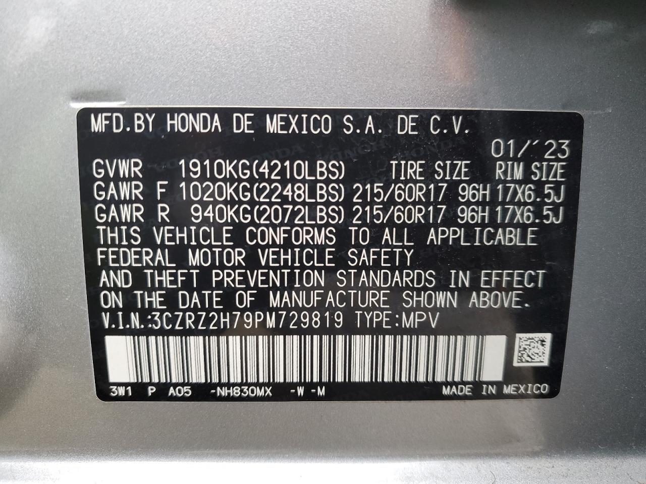 2023 HONDA HR-V EXL VIN:3CZRZ2H79PM729819