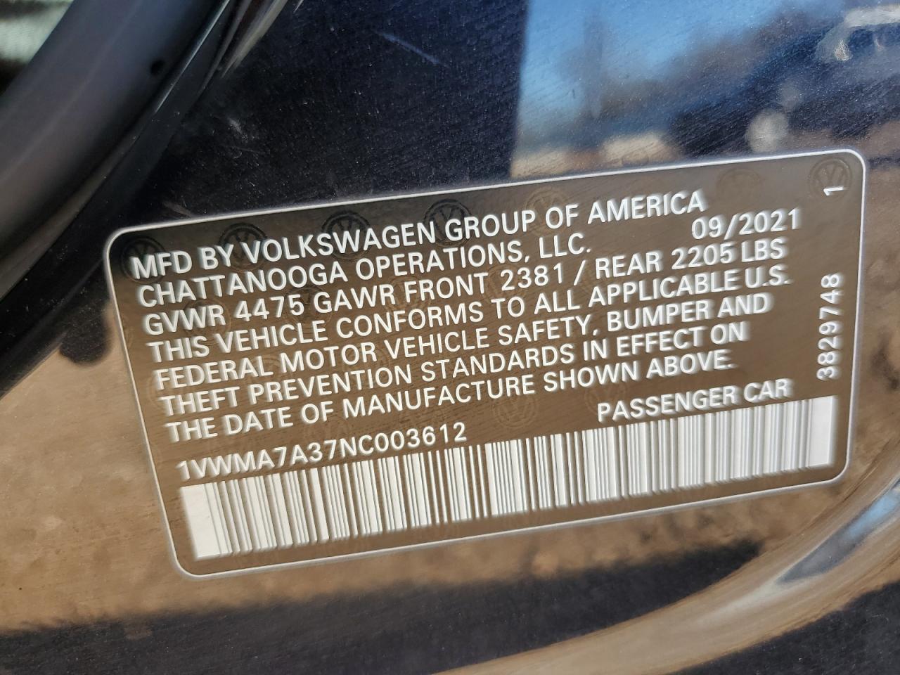 2022 VOLKSWAGEN PASSAT R-LINE VIN:1VWMA7A37NC003612