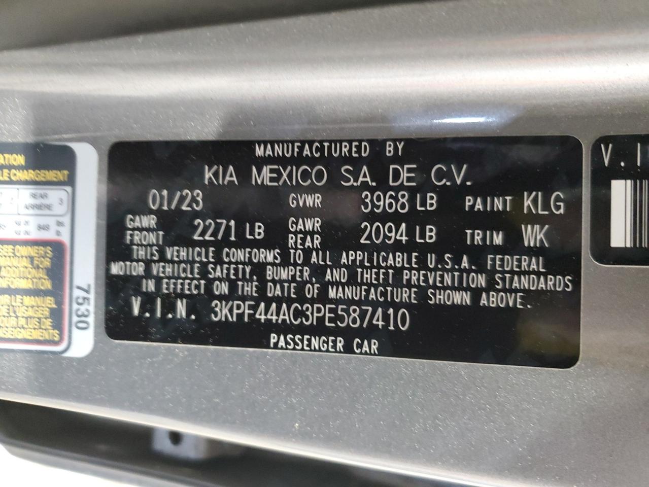 2023 KIA FORTE GT VIN:3KPF44AC3PE587410