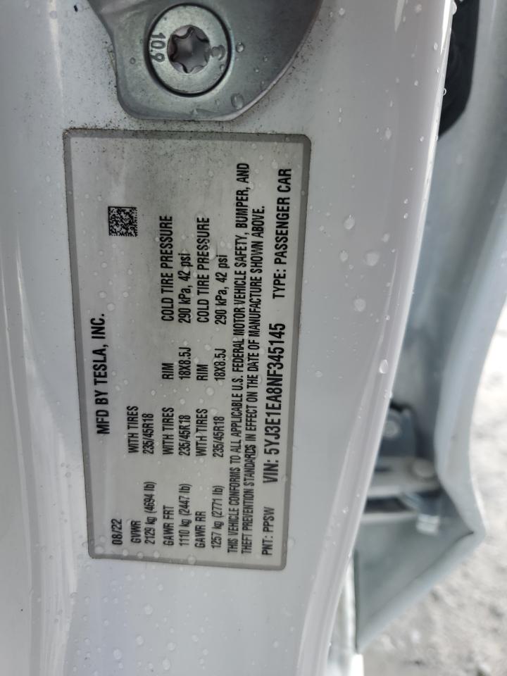 2022 TESLA MODEL 3 VIN:5YJ3E1EA8NF345145