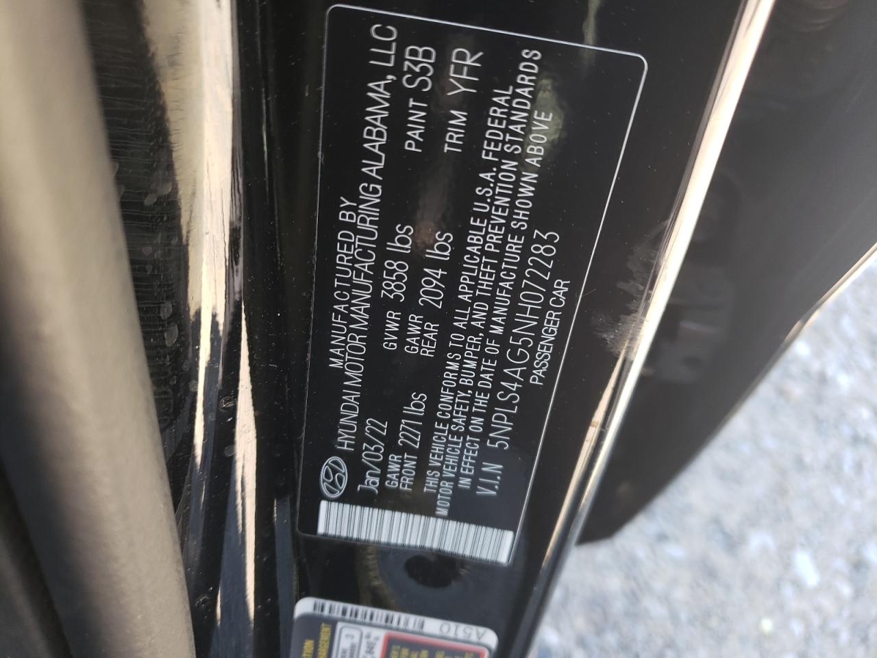 2022 HYUNDAI ELANTRA SEL VIN:5NPLS4AG5NH072283