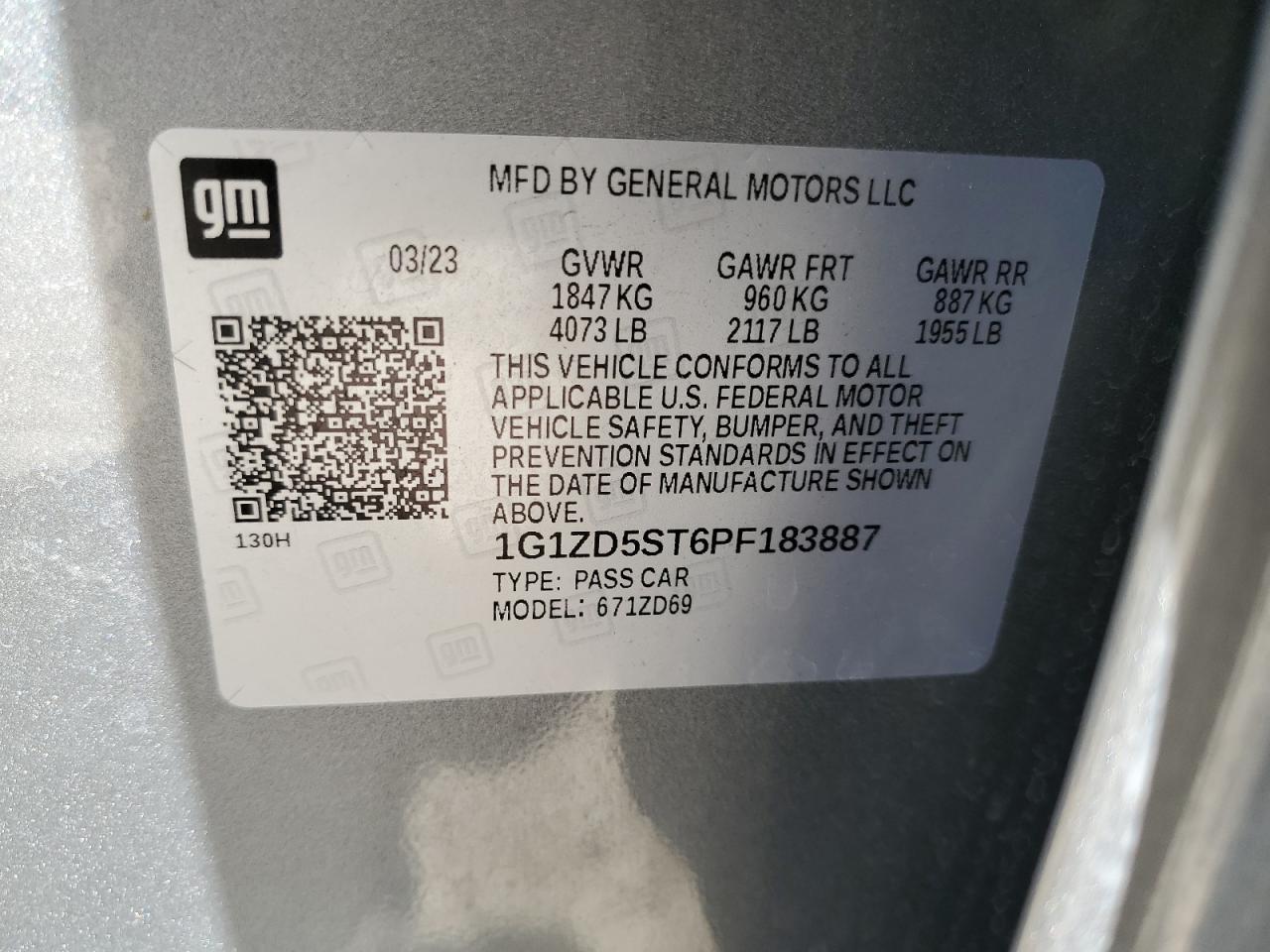 2023 CHEVROLET MALIBU LT VIN:1G1ZD5ST6PF183887