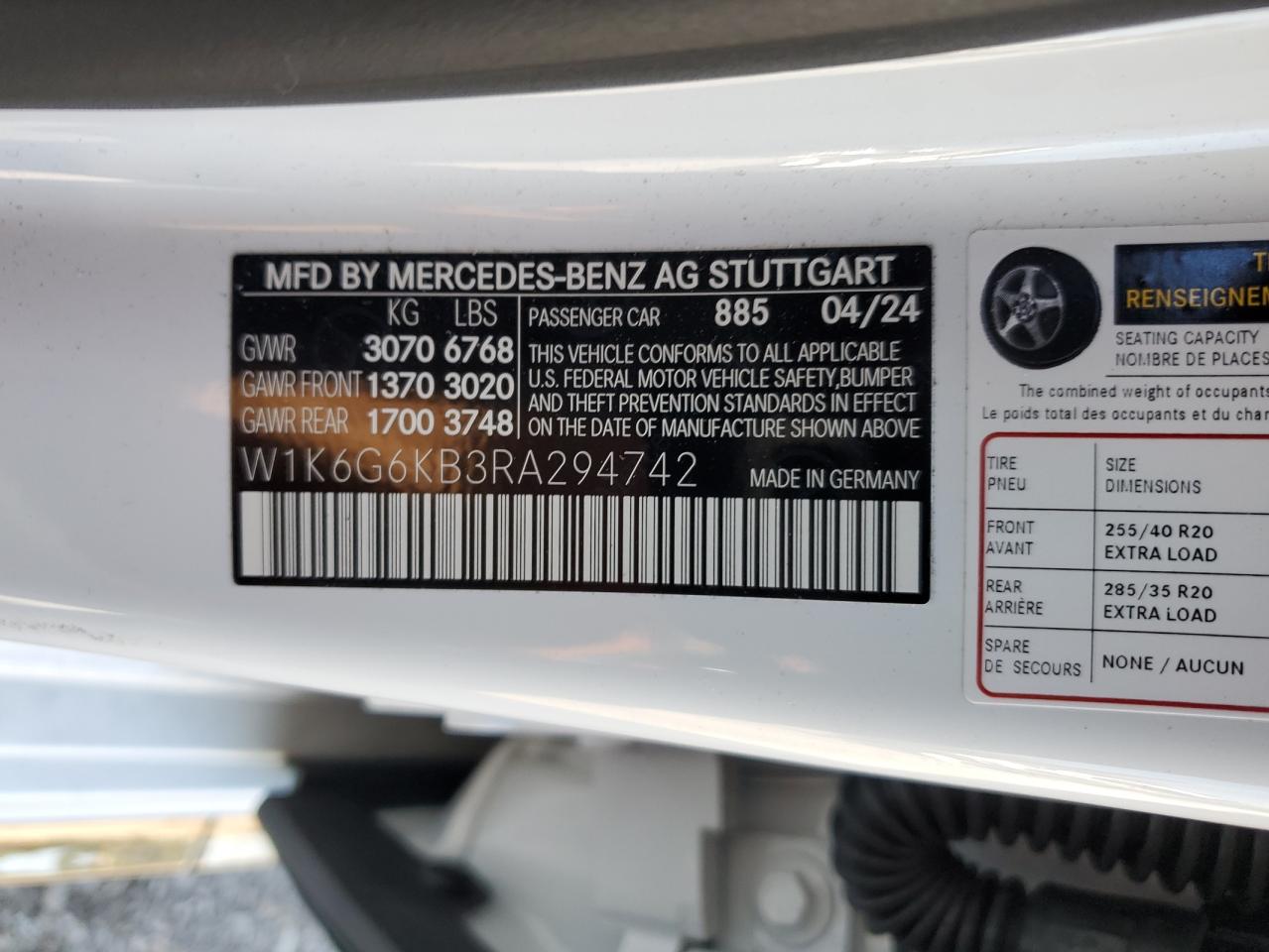 2024 MERCEDES-BENZ S S580E 4MATIC VIN:W1K6G6KB3RA294742