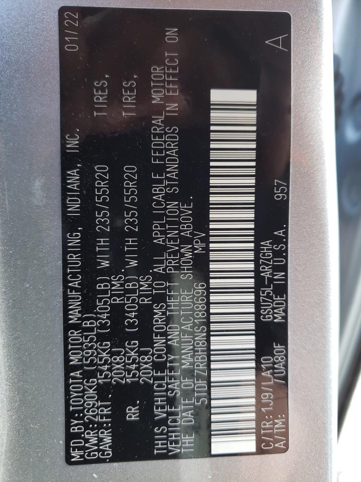 2022 TOYOTA HIGHLANDER PLATINUM VIN:5TDFZRBH8NS188696