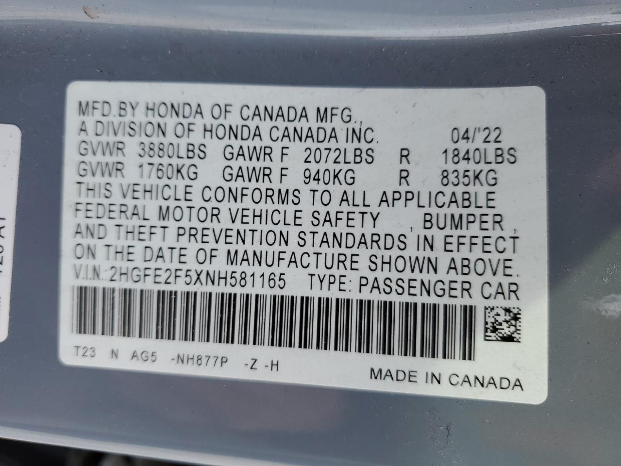 2022 HONDA CIVIC SPORT VIN:2HGFE2F5XNH581165
