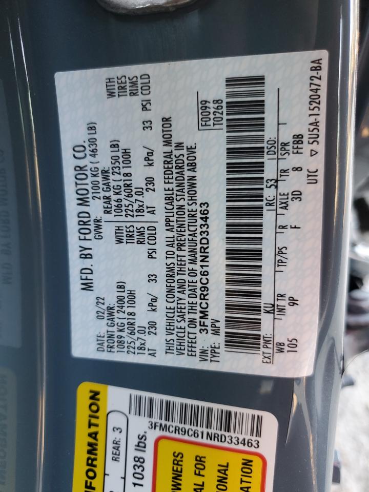 2022 FORD BRONCO SPORT OUTER BANKS VIN:3FMCR9C61NRD33463