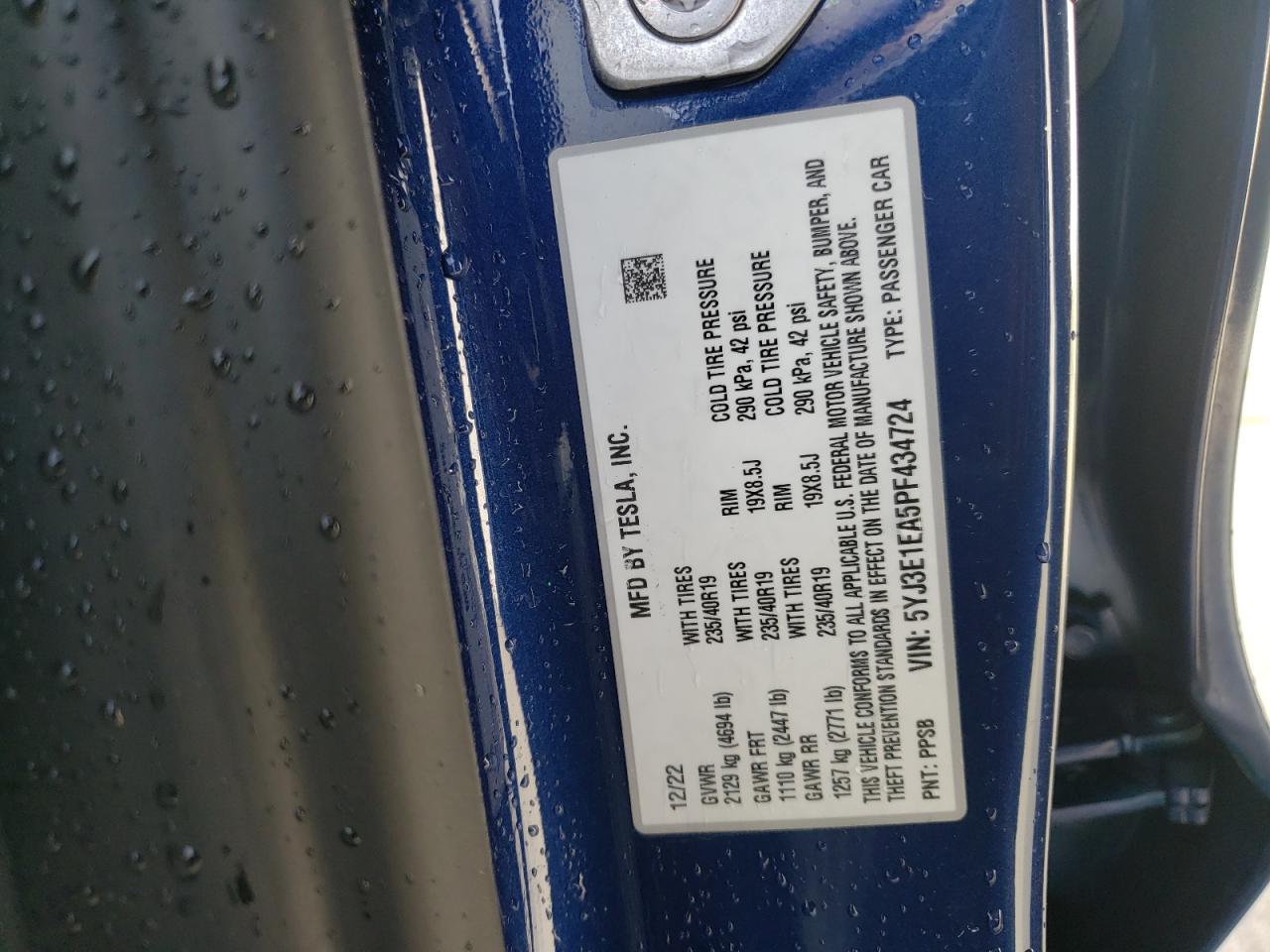 2023 TESLA MODEL 3 VIN:5YJ3E1EA5PF434724
