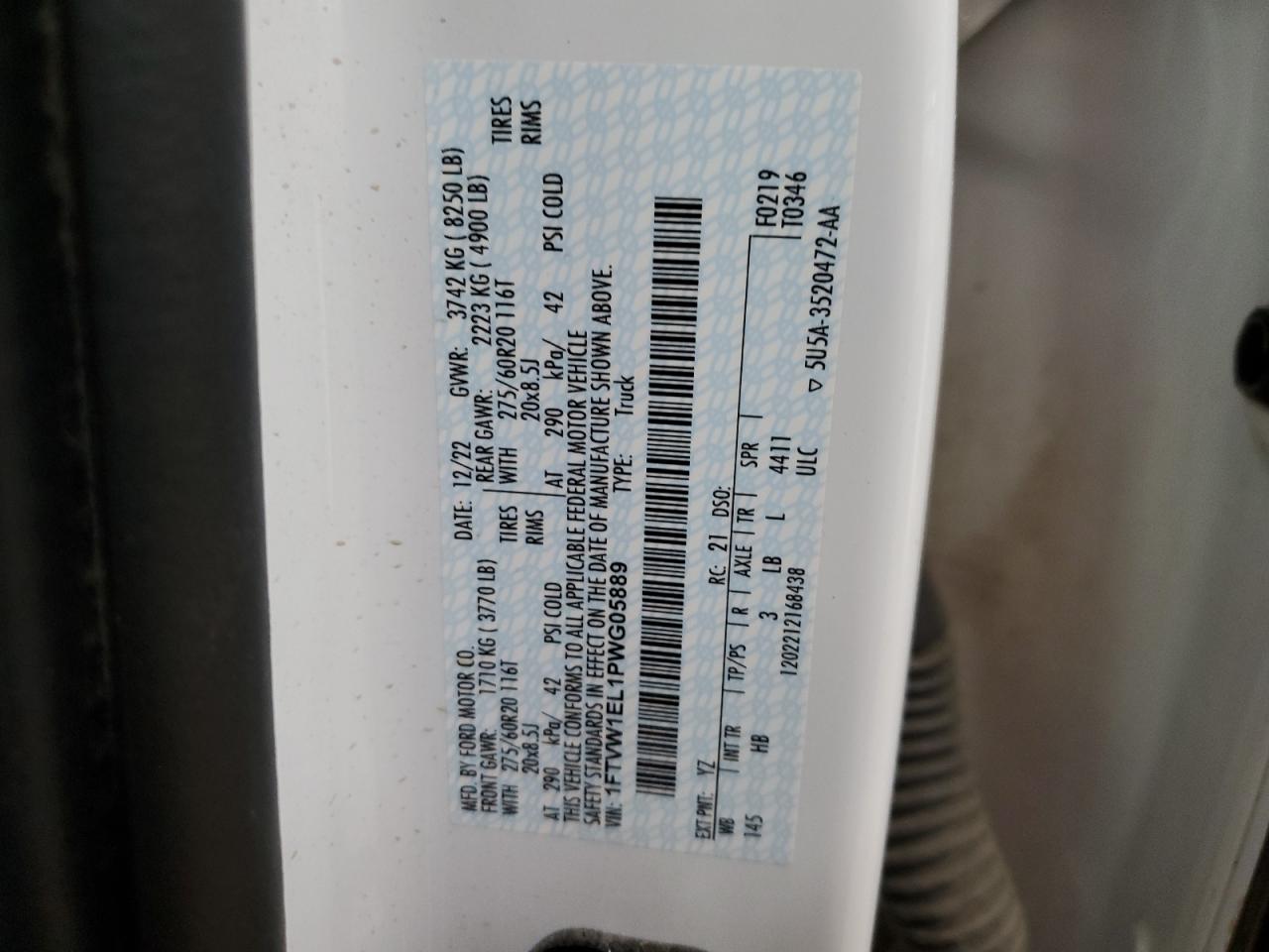 2023 FORD F150 LIGHTNING PRO VIN:1FTVW1EL1PWG05889