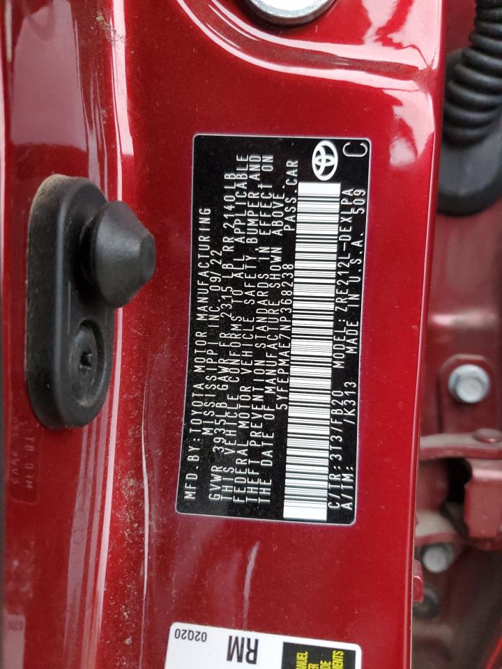 2022 TOYOTA COROLLA LE VIN:5YFEPMAE7NP368238