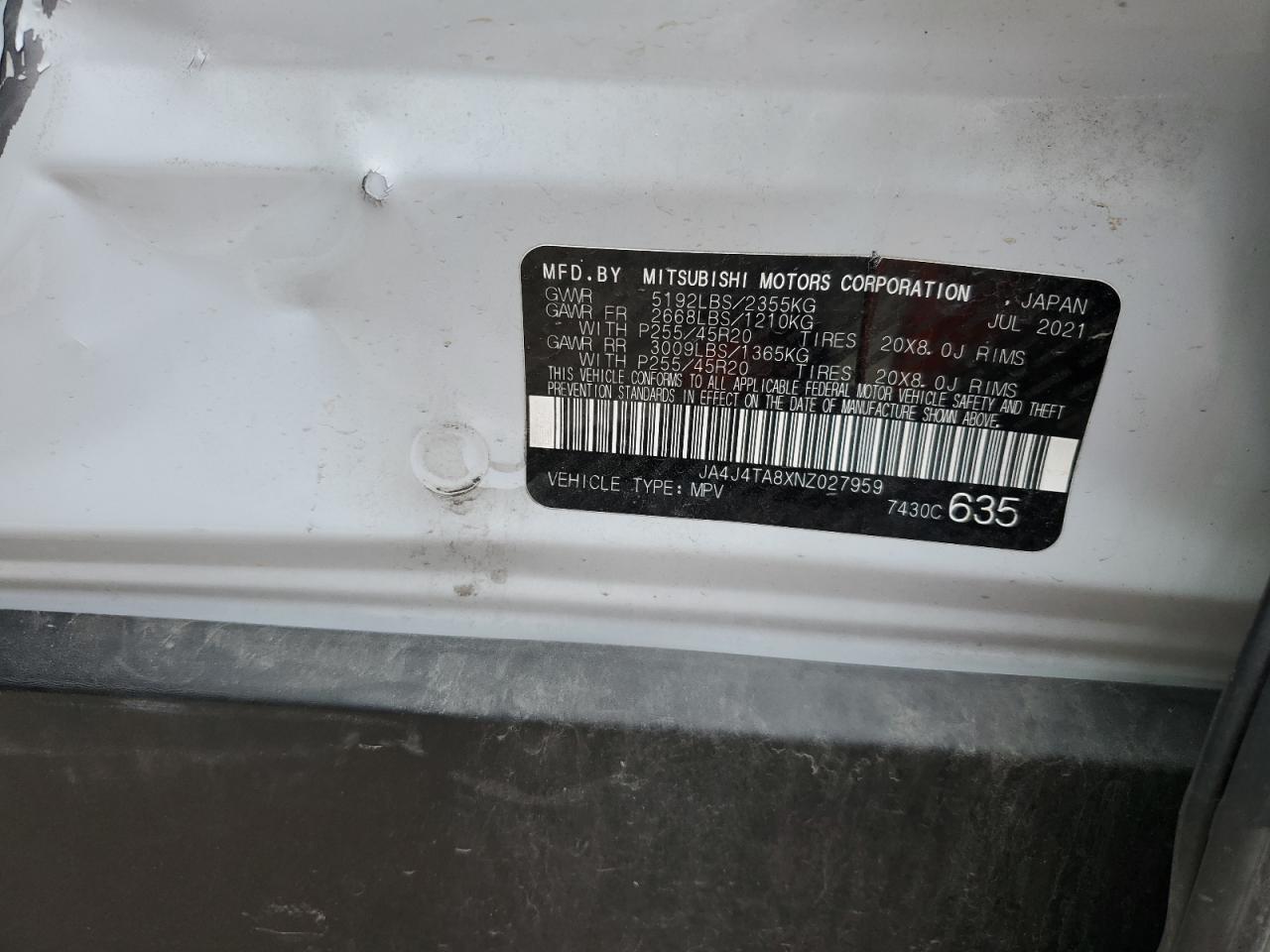 2022 MITSUBISHI OUTLANDER ES VIN:JA4J4TA8XNZ027959