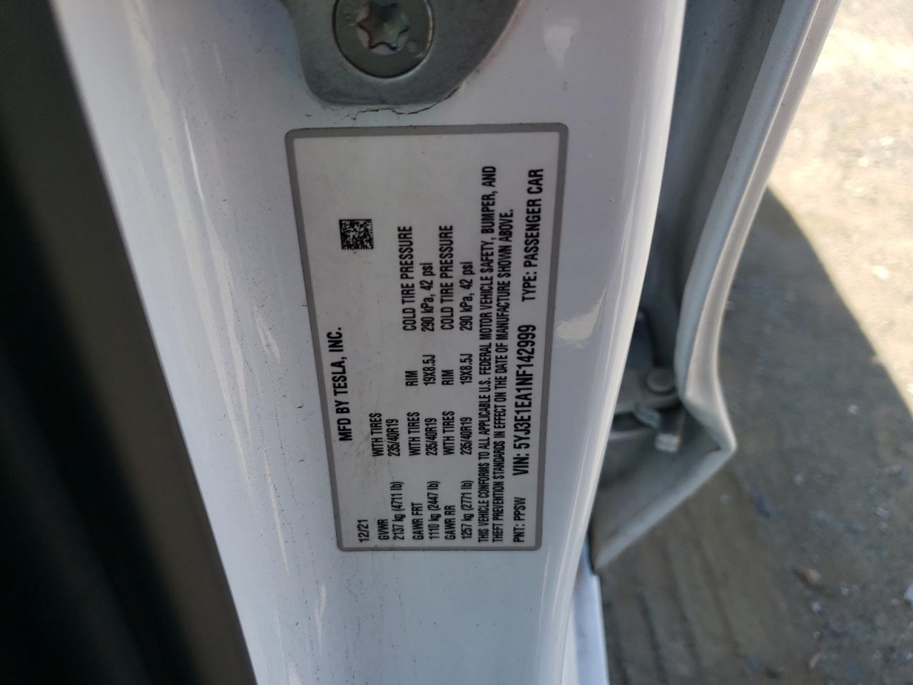 2022 TESLA MODEL 3 VIN:5YJ3E1EA1NF142999