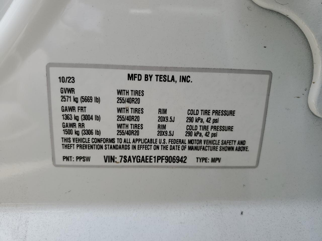 2023 TESLA MODEL Y VIN:7SAYGAEE1PF906942