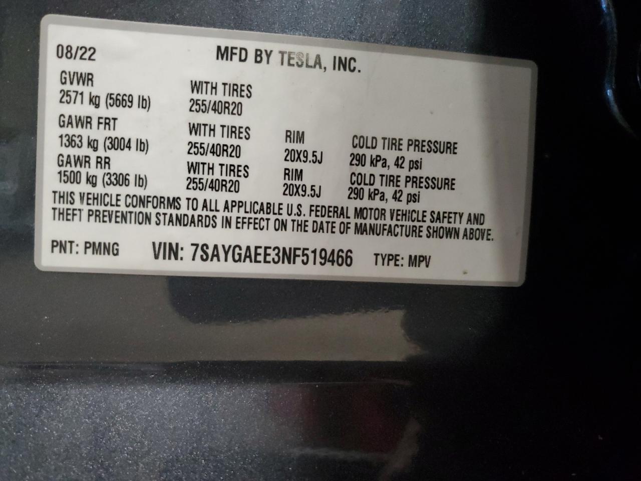 2022 TESLA MODEL Y VIN:7SAYGAEE3NF519466