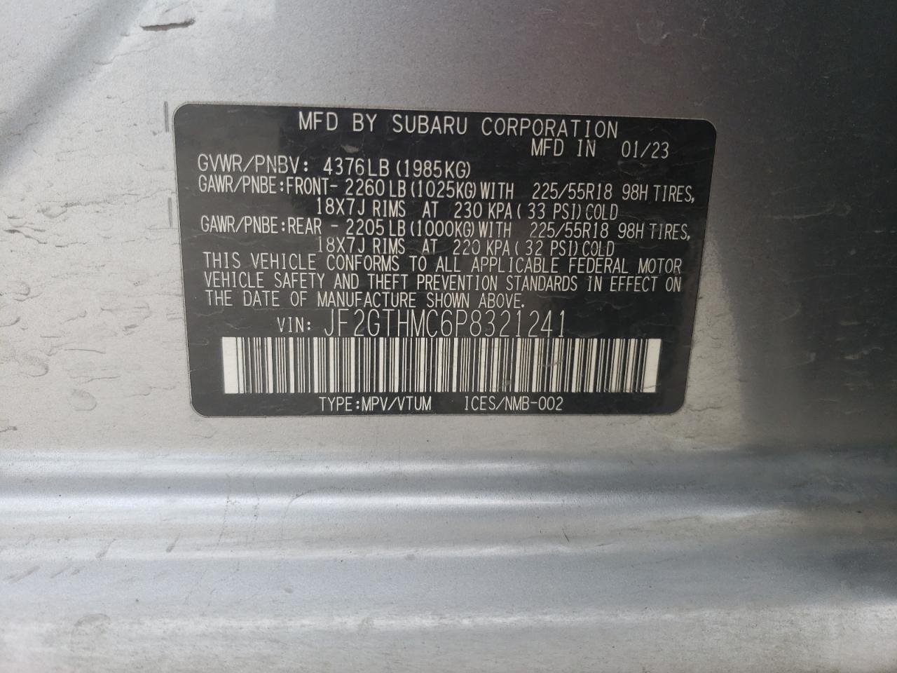 2023 SUBARU CROSSTREK LIMITED VIN:JF2GTHMC6P8321241