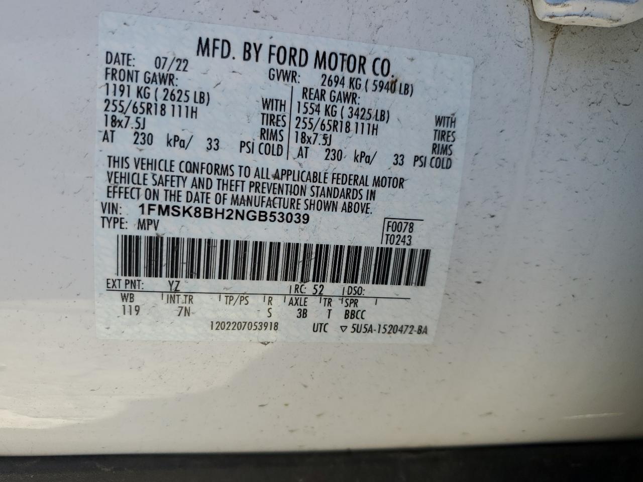 2022 FORD EXPLORER VIN:1FMSK8BH2NGB53039