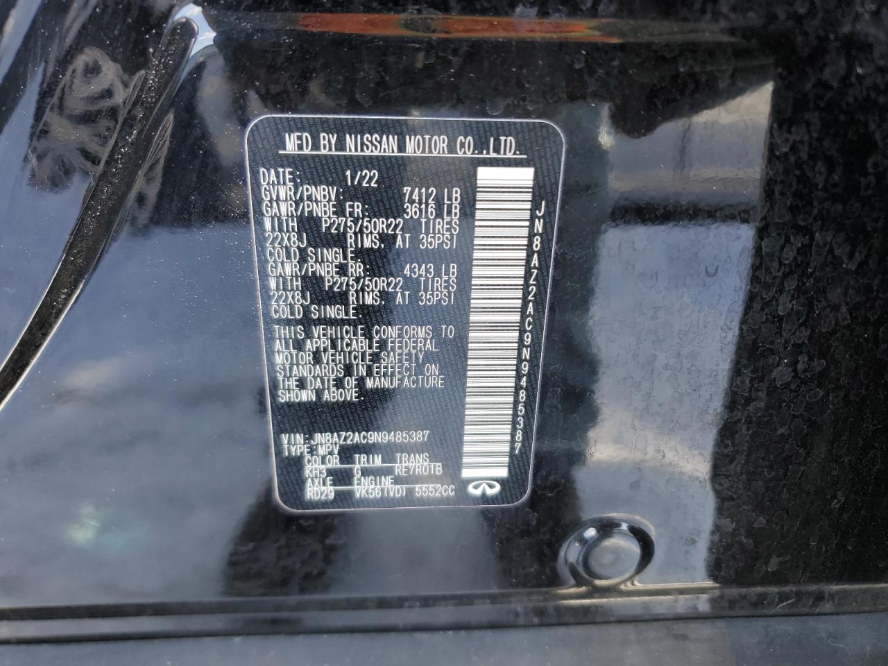 2022 INFINITI QX80 LUXE VIN:JN8AZ2AC9N9485387