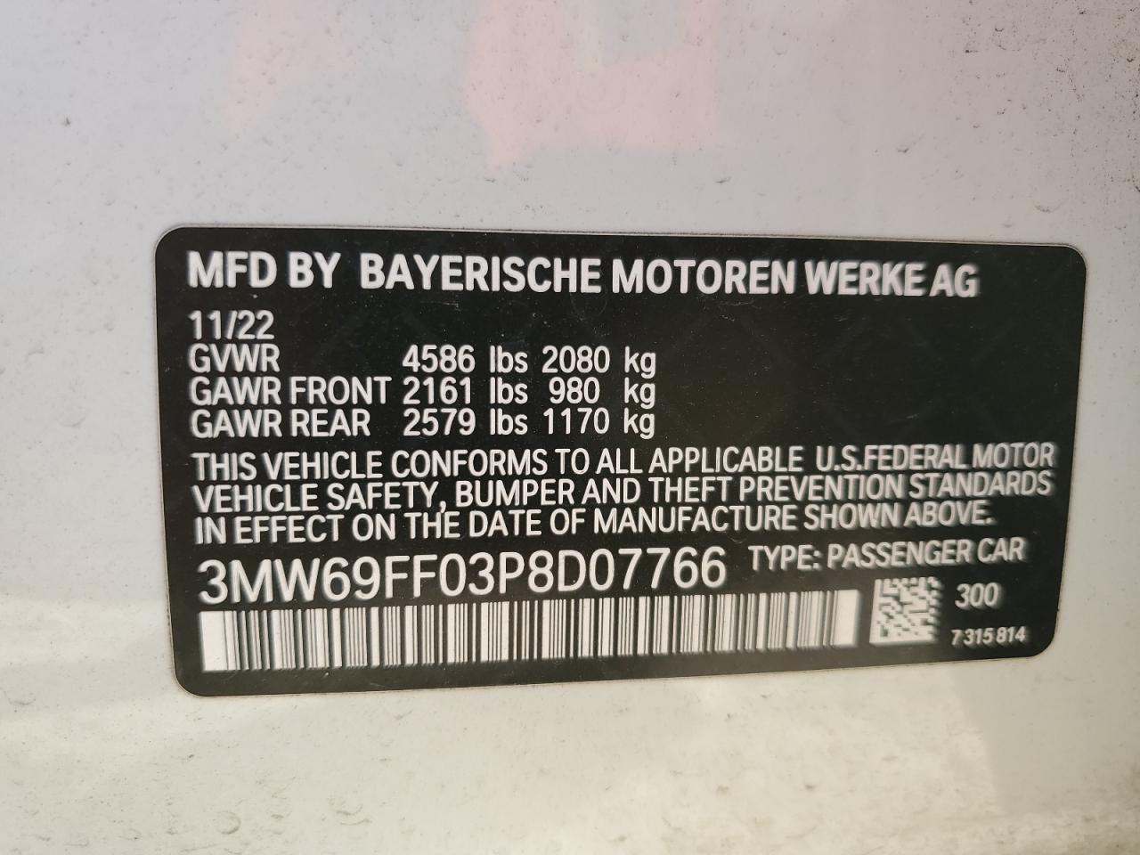 2023 BMW 330I VIN:3MW69FF03P8D07766