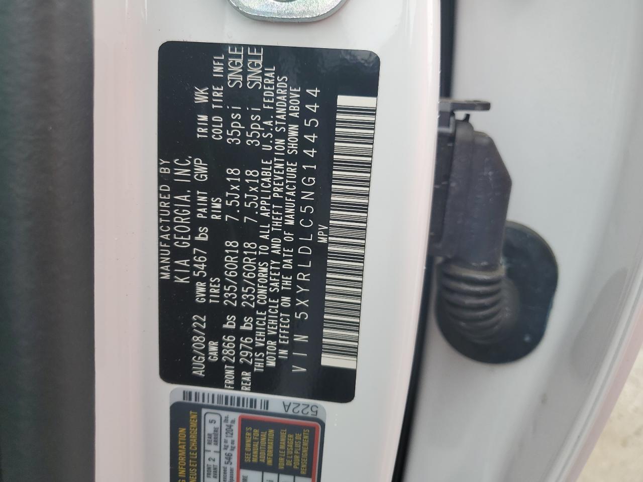 2022 KIA SORENTO S VIN:5XYRLDLC5NG144544