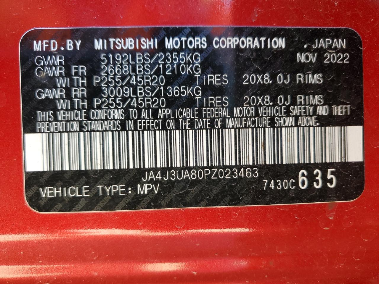 2023 MITSUBISHI OUTLANDER SE VIN:JA4J3UA80PZ023463