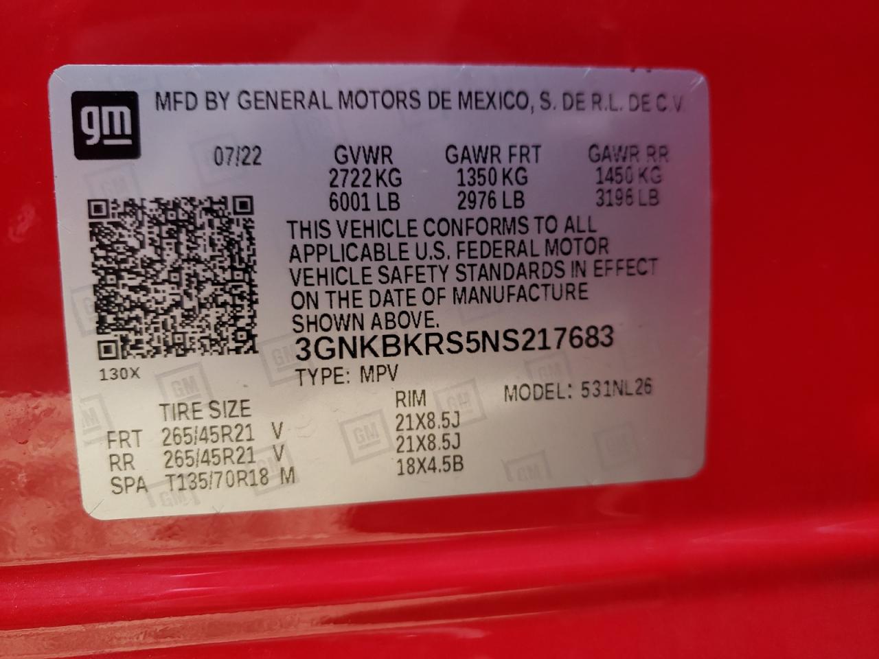 2022 CHEVROLET BLAZER RS VIN:3GNKBKRS5NS217683