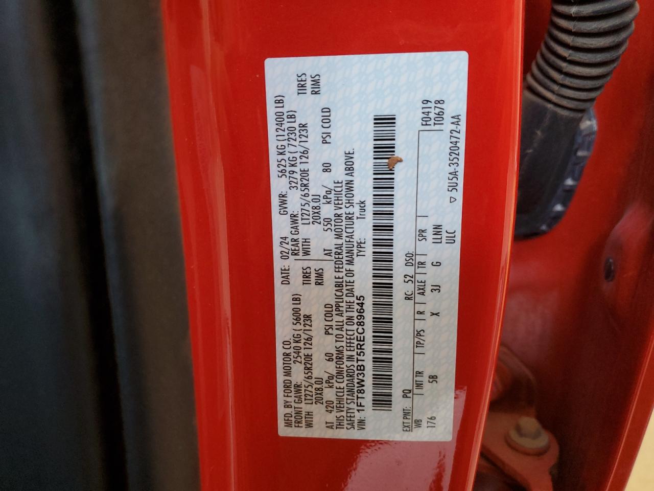 2024 FORD F350 SUPER DUTY VIN:1FT8W3BT5REC89645